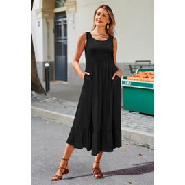 STYLEWORD Women's Black Dress Casual Summer Sleeveless Boho Flowy Midi Cotton Sundress Beach Vacation Outfits(Black,M)