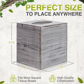 Tissue Box Cover Square, Wood Tissue Box Cover with Slide Bottom, Rustic Farmhouse Wooden Tissue Box Holder for Bathroom, Kitchen, Desk (Washed-White)