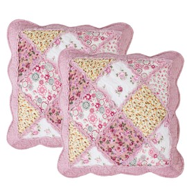 vctops Set of 2 Quilted 100% Cotton Boho Throw Pillow Covers 18" x 18" Farmhouse Country Floral Patchwork Decorative Cushion Cover, Patchwork Flower A