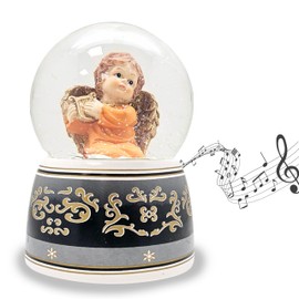 20034 Snow Globe Christmas Angel Terracotta with Gold Harft | Base with Ornaments Black Grey | with Music Box "Beethoven | Height: 140 mm Width: 100 mm | 20034