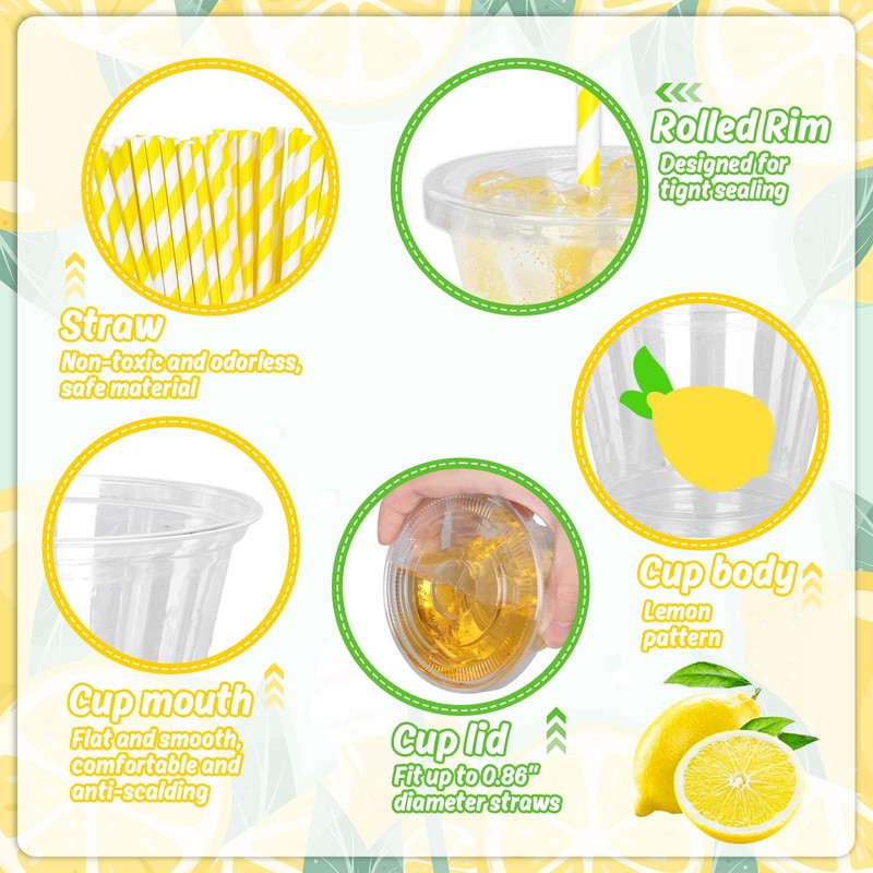 Whaline 100Pcs Lemon Disposable Plastic Cups with Lids and Straws