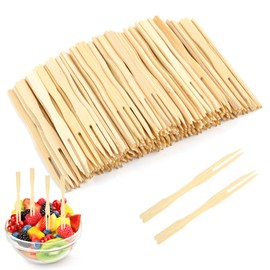 Deepton 400PCS Wooden Fruit Forks, Two Claw Disposable Bamboo Forks, 3.5 Inch Cocktail Fork, Food Picks for Banquet Parties Buffets Food Catering