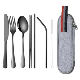 8-Piece Camping Cutlery Set with Zip Cutlery Box, Stainless Steel Cutlery Set, Portable Cutlery, Outdoor Travel Cutlery, Picnic Set, Reusable, Black