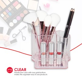 Home Basics Plastic Cosmetic Organizer with Rose Bottom | Separate Compartments | Rose Gold Accent on Bottom | Shatter Resistant Plastic | Organize Your Daily Make Up (5'' x 3.75'' x 4.5'')