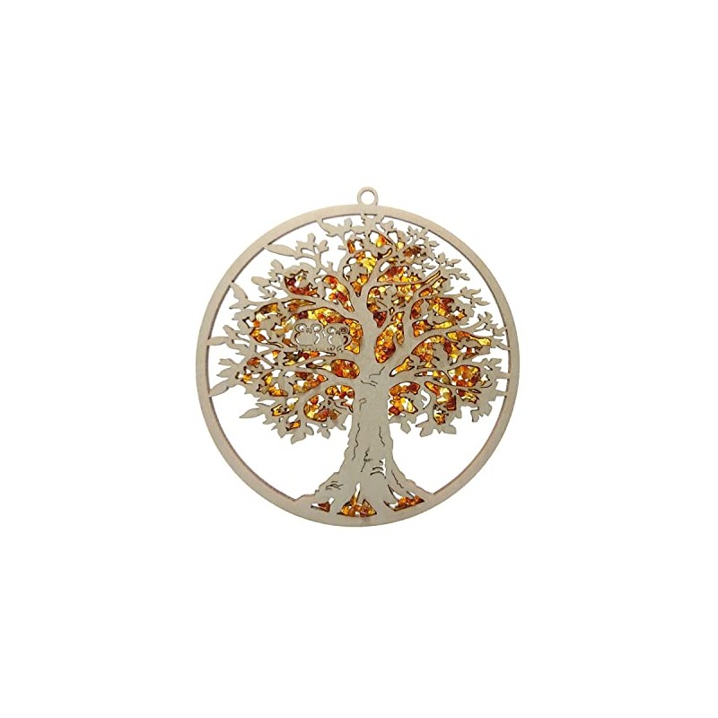 Window Decoration Sun Catcher Large Amber in Birch Wood "Tree