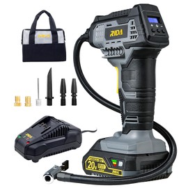 RIDA 20V Tire Inflator Portable Air Compressor, 20V Cordless Car Tire Pump Battery Powered with Digital Pressure Gauge, 7 Nozzle Adapters, 100 PSI, Includes 2.0Ah Battery & Quick Charger & LED Light