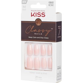 KISS Classy French Nail Manicure Kit with Gel Finish, Medium, Coffin Shaped, Includes Pink Nail Glue (Net Wt. 2 g / 0.07oz.), Mini Nail File, Manicure Stick, and 28 Fake Nails, 'Cozy Meets Cute', 28 Count