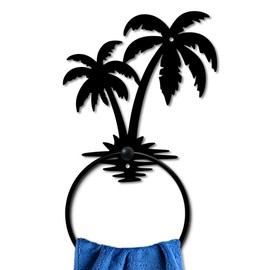 MAYJOYDIY Tropical Palm Tree Towel Ring, Black Metal Wall Mounted Holder, Summer Vacation Inspired Design, Beach Theme Home Decor for Bathroom Kitchen