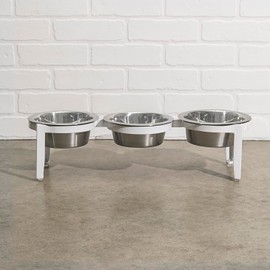 NMN Designs Vision Triple Diner - 3 Bowl Dog Feeder - Small to Medium Dogs - Multi-Dog Feeding Station - UV Weather Resistant - No Noise - Indoor/Outdoor (White, Medium - 7" Ht)