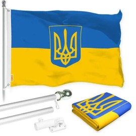 UD_G128 Flag Pole 6FT Silver Tangle Free & Ukraine Ukrainian Coat of Arms Flag 3x5 Ft Combo Printed 150D Polyester