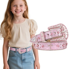 JKEEMI - Cinturón de diamantes de imitación para niños y niñas, cinturón de vaquero occidental, cinturón de piel con tachuelas de diamantes, regalo para niños, Cross Belt/ Pink, Fit Waist Size 24"-28"