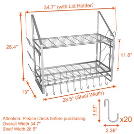 VyGrow 28 Inch Pot Rack Wall Mounted, 2 Tier Pots and Pans Organizer with 20 Hooks and 6 Pot Lid Holders, Heavy Duty Steel Pot and Pan Hanger for Kitchen Cookware Utensils Storage, Silver