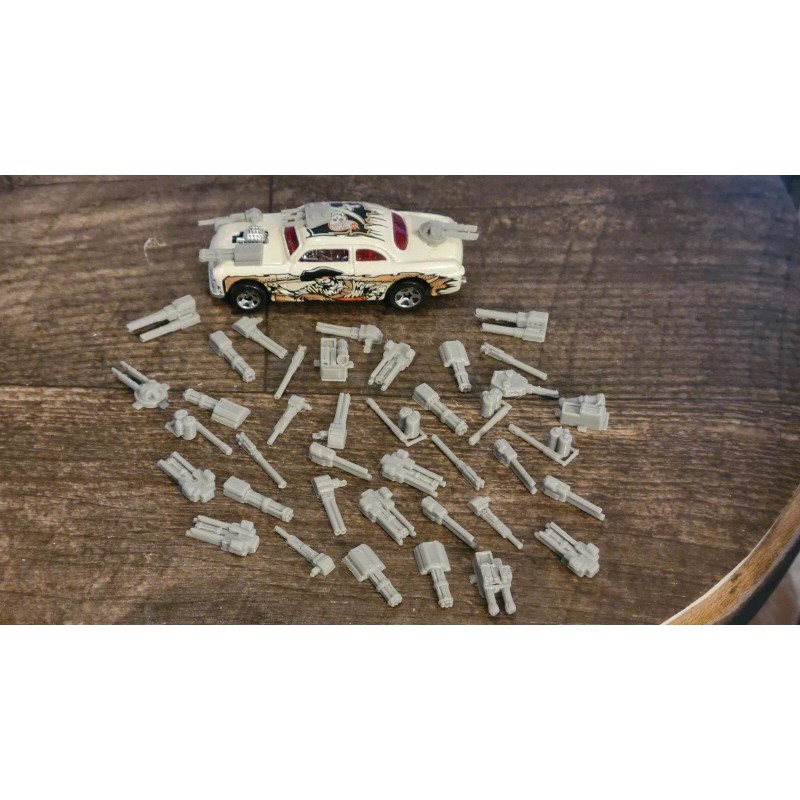 Gaslands Tiny Weapons Pack 40 items Silver 3d printed. 19