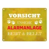 Vorsicht unsere Alarmanlage beißt & bellt Metal Sign in 15 x 20 cm in Yellow Decoration Funny Saying Dog Pet Warning Burglar Dog Friend Gift Idea