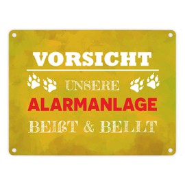 Vorsicht unsere Alarmanlage beißt & bellt Metal Sign in 15 x 20 cm in Yellow Decoration Funny Saying Dog Pet Warning Burglar Dog Friend Gift Idea