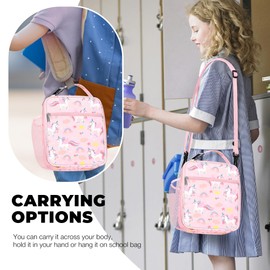 Clastyle Pink Unicorns Insulated Lunch Bag for Kids, Portable Large Thermal Cooler Lunch Bag for Girls, School Lunch Box Bag with Bottle Holder