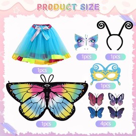 Pack of 9 Butterfly Costume Children Girls, Butterfly Wings Costume Children, Butterfly Cape Child with Mask and Tutu Skirt, Fancy Dress Costumes Children Girls with Face Art Sticker Butterfly