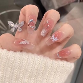 POKENGDA Medium Press on Nails,Coffin Fake Nails Design,Reusable Acrylic Bling Blush False Nail Kits for Women