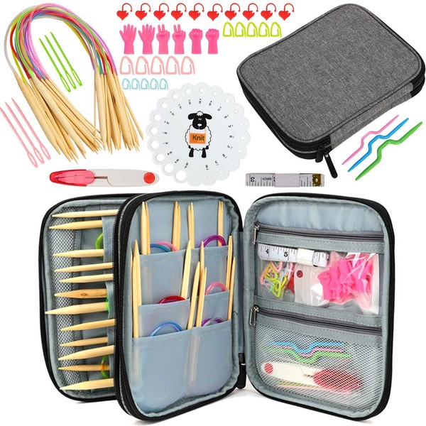 Coopay Circular Knitting Needles Set, 62 Pcs Double Pointed Bamboo Knitting Kit Cable Needle Sets with Knitting Tools Accessories and Case 60cm Sweater Needle (2.0mm to 10.0mm)
