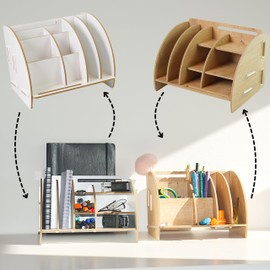 clipfritz Desk Organiser with Telephone Stand, Approx. (W x D) 25 x 19.5 x 16 cm, Office Table Organiser, Wood, Caddy Organiser, Letter Holder, Desk Gadgets, Office Organiser