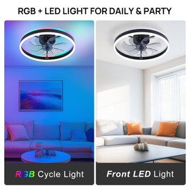 ORITHAM RGB Ceiling Fans with Lights, 20" Fandelier Low Profile Ceiling Fan with Light, Modern Flush Mount Ceiling Fan Light with Remote/APP Control, Bedroom Chandelier Fan Fixture for Indoor(Black)