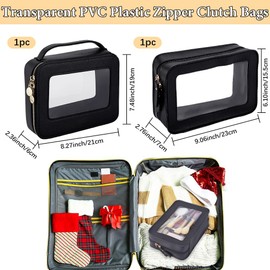 Beebeecraft 2Pcs 2 Styles Clear Makeup Bags with Handles and Zipper Rectangle Black PU Leather Travel Cosmetic Car Toiletry Pouch with Transparent PVC Window for Women Daily Beauty Skincare Storage