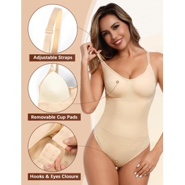 Tuopuda Women Shapewear Bodysuit Tummy Control Seamless Shaping Bodysuits Removeable Pads Adjustable Straps Body Shaper Ladies Waist Trainer(Beige,M)