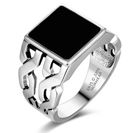 HORHEAR Vintage Style Silver Ring For Men With Square Black Onyx Stone 925 Thai Sterling Silver Openwork Ring, Sterling Silver, Onyx, Onyx