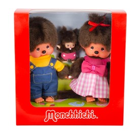Sekiguchi 254870 - Original Monchhichi Mädchen und Junge mit Baby im Set, aus braunem Plüsch, mit Outfits