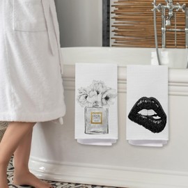 Black and White Perfume Lips Decorative Bathroom Hand Towels 16x24 Inch, Girly Bathroom Decor, Trendy Preppy Hand Towels for Washroom Powder Room Vanity, Set of 2