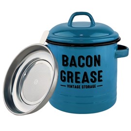 YOKODU 42oz Bacon Grease Container with Strainer,Enamel Ceramic Bacon Fat Can for Kitchen Cooking Grease Saver Keeper for Reuse & Disposal(blue)
