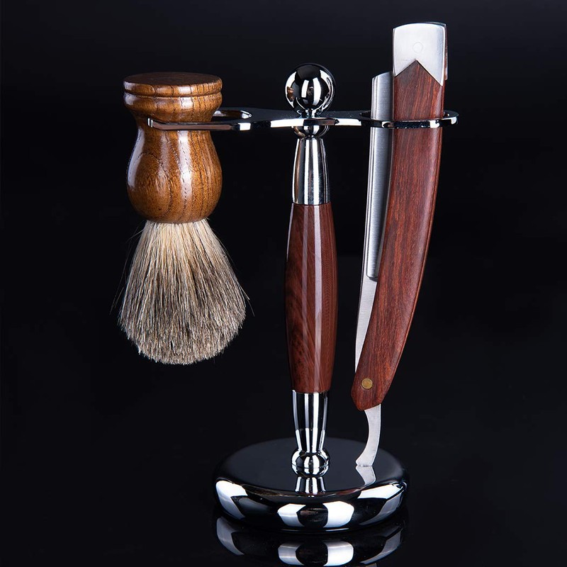 Men Straight Shaving Razor Badger Hair Brush Stand Holder Leather