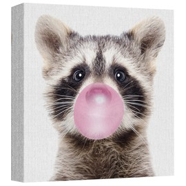 SIGNWIN Canvas Print Wall Art Cute Forest Raccoon Chewing Pink Bubblegum Bathroom Decor Funny Animal Bathroom Nature Digital Art Modern Art Decorative Whimsical Expressive for Bedroom - 24"x24"