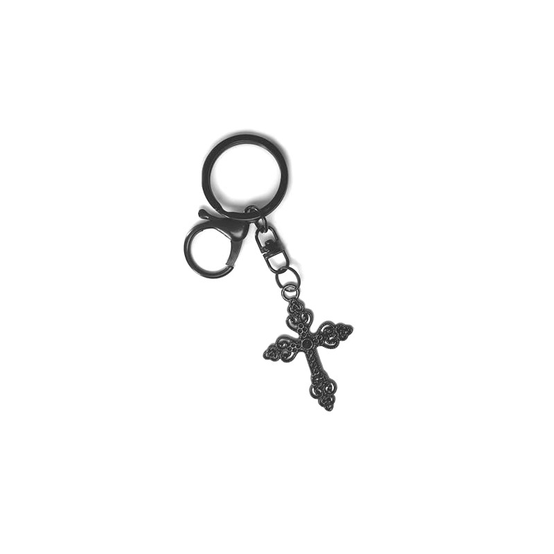 LARGE KEYRING - Cross - Black Plated. Split Ring And