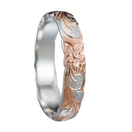Aloha Jewelry Company Sterling Silver 4mm Hawaiian Princess Plumeria Flower Scroll Ring Stackable Wedding Band (Rose-Gold, 3)