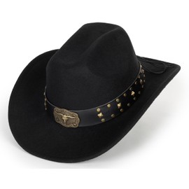 Vintage Western Cowboy Hat for Men Women - Wide Brim Cowgirl Fedora Hats with Horn-Band Black M
