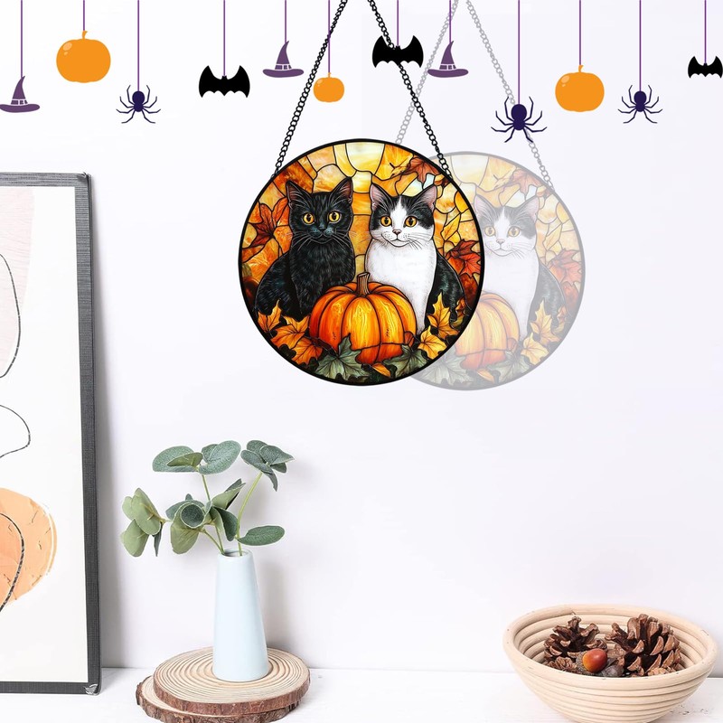Xuoxeji Black and White Cat Stained Glass Window Hanging, 20cm/7.8in