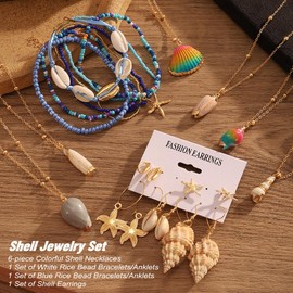 KISS WIFE Colorful Shell Jewelry Set with Seashell Necklaces, Starfish Earrings and Beaded Bracelets, Bohemian Accessories Beach Jewelry for Women, Summer Vacation Gift