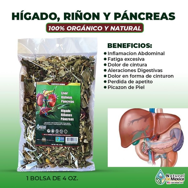 Natural de Mexico USA Compuesto Herbal Higado Rinon y Pancreas 4 Oz. 113 Gr. Inflamacion Abdominal
