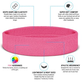 Suddora Workout Headband for Men and Women, Moisture-Wicking Athletic Sweatband, Lightweight Cotton Terry Cloth Bands for Basketball, Tennis, Football, Gym, Running, Cosplay & Costumes (Pink)