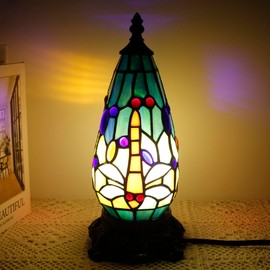 TCODTPOL Small Tiffany Lamp Stained Glass Table Lamp 5.5X11 Inch Christmas Tree Lighthouse Mini Accent Memory Sympathy Antique Night Light for Bedroom Living Room (Blue Yellow)