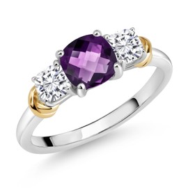925 Sterling Silver and 10K Yellow Gold Purple Amethyst and White Moissanite 3 Stone Engagement Ring For Women (1.34 Cttw, Cushion Checkerboard Cut 6MM and 4MM, Available In Size 5, 6, 7, 8, 9)