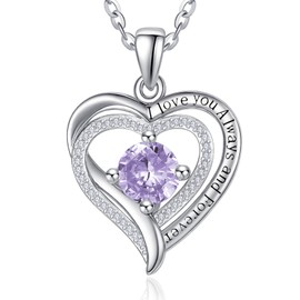 Zeuslia S925 Sterling Silver Necklace for Women, I Love You Jewelry White Gold, Mom Birthday Wedding Anniversary Gift, Girlfriend Daughter Heart Jewel with Birthstone Pendant, Sterling Silver, Cubic