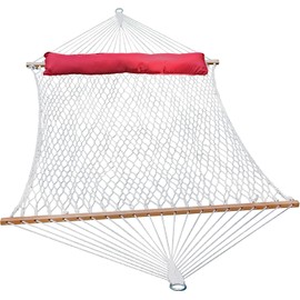 Plexon 13 in Cotton Rope Hammock with Pillow - Double Hammock for 2, Durable Polyester & Cotton Material, Hardwood Spreader Bars, Fits 15 in Stand, 350 lbs Capacity, White & Red