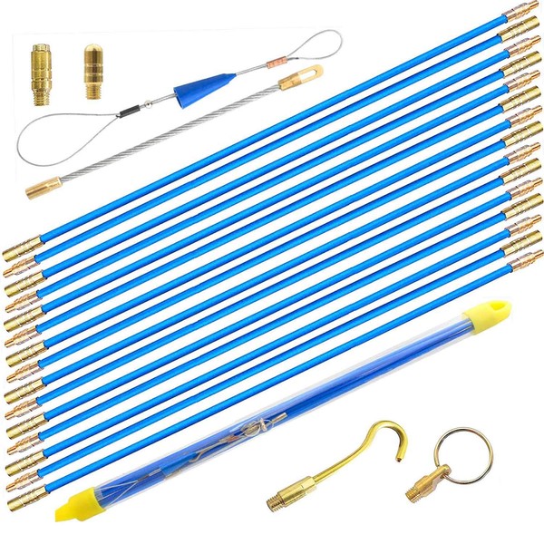 50' Fiberglass Cable Wire Running Rod Coaxial Electrical Connectable Fish Tape Pull Kit With Hook And Hole Kit In Transparent Tube, Blue