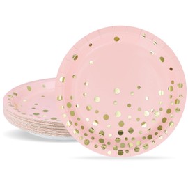 ZVK Paper Plates Set Pink Gold 23 cm Dessert Plates Set of 24 Paper Plates Party Tableware Set for Memorial Day, Hen Party, Cocktail Party