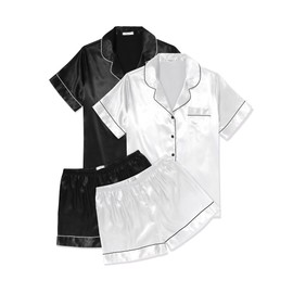 Ekouaer Pjs for Women Cozy Satin Sleepwear Short Sleeve Button Down Loungewear Silk 2 Piece Pajama Set Black+White,Medium