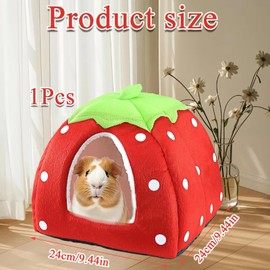 Bodeshis 1 Pack Guinea Pig Bed, Strawberry Guinea Pig House Cozy Winter Warm Nest With Removable Pad, Non-Slip Hideout For Hamster, Chinchilla, Gerbil (Red, 24x24cm)