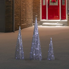 LED Lighted Glittered Outdoor Christmas Cone Tree - 23.5" - Silver - Set of 3