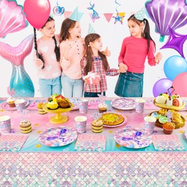Mermaid Birthday Decorations, 90 Pcs Party Supplies & Tableware Set - Plates, Table Cloth, Napkins, Banner, Balloons, Hanging Swirls
